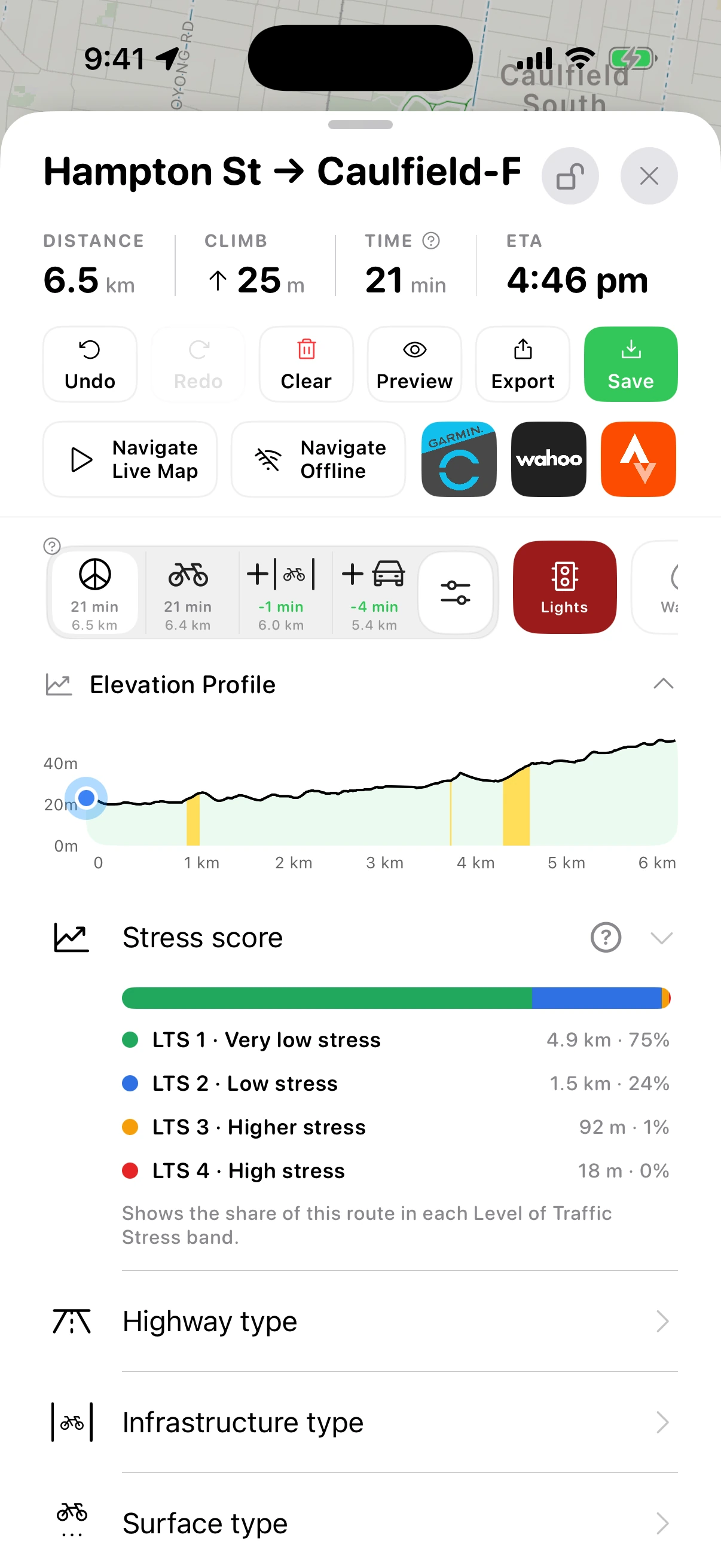 AusBUG mobile route planner showing elevation, export options and the distance and percentage in each LTS level.