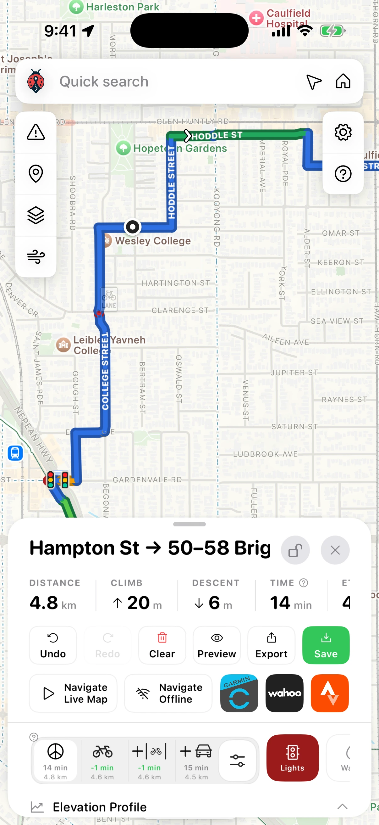 AusBUG mobile planner showing the route and traffic-stress colours around Hoddle Street and College Street.